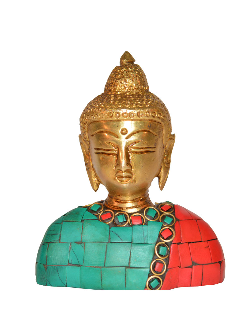 God Buddha Bust with coral Stone work of Brass