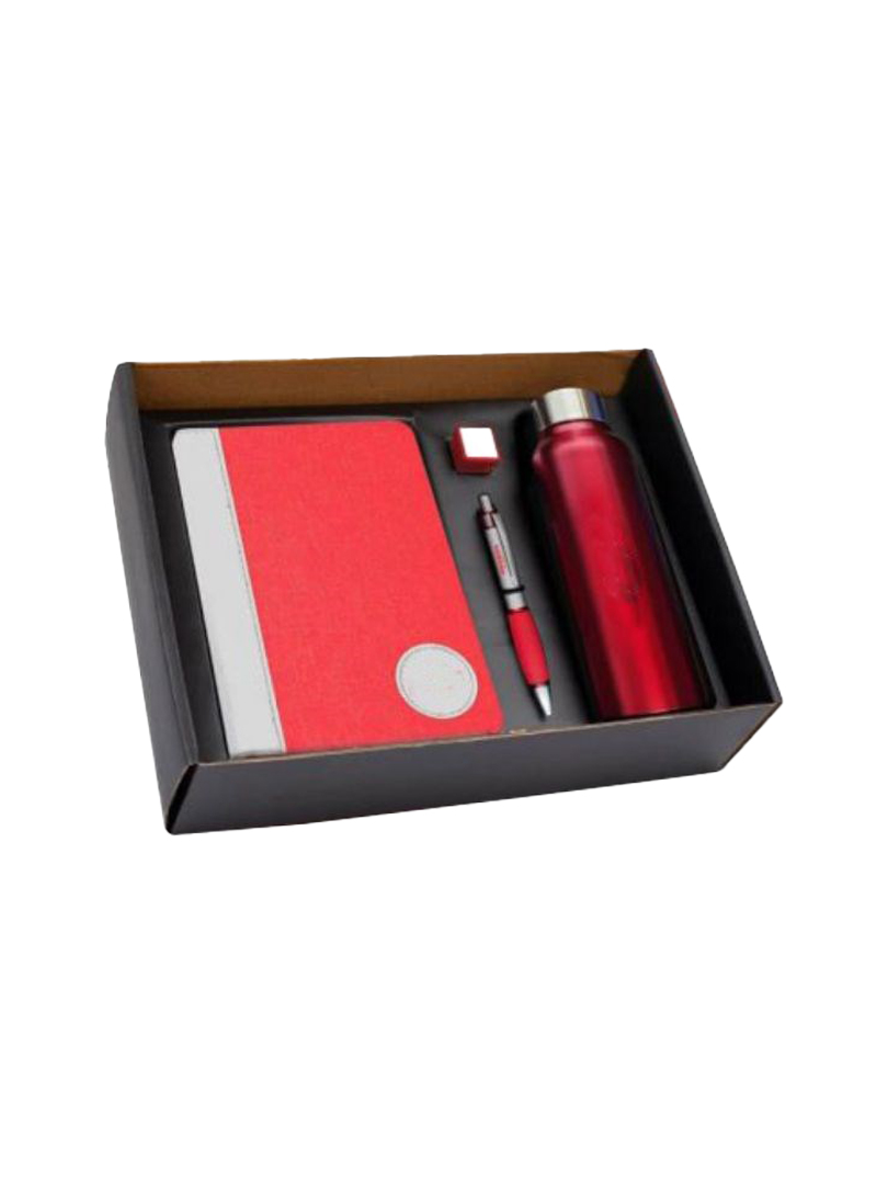 4 in 1 set: Steel bottle, Metal pen, Silicon mobile stand, Linen round patch notebook