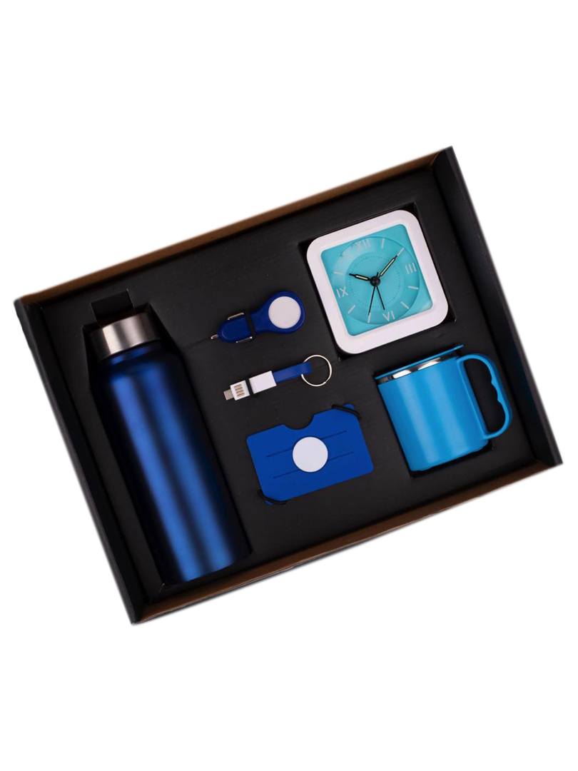6 in 1 set: Steel Water bottle (750ml), Silicon mobile wallet, Charging cable with keychain, Glowing Car charger, Glow Clock, SS mug