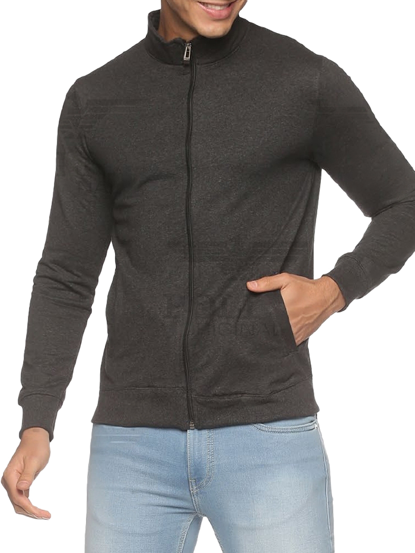 POILCE ORGINALS  SWEAT  SHIRT WITH SIDE POCKETS SELF FABRIC NECK FULL ZIPPER -Charcoal Melange