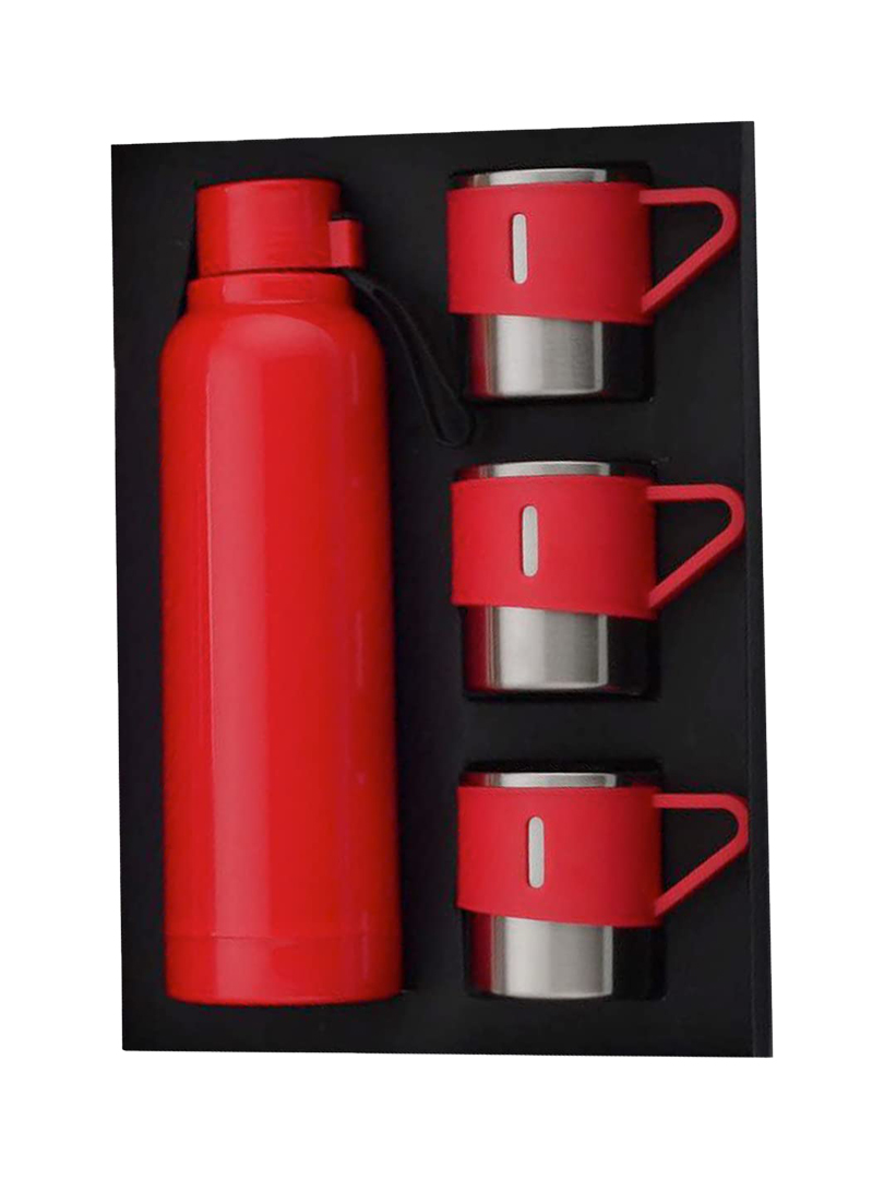 4 pc Gift Set : Insulated Steel bottle with 3 Steel cups | Keeps hot for 4-6 hours | Heavy Gift box with Handle