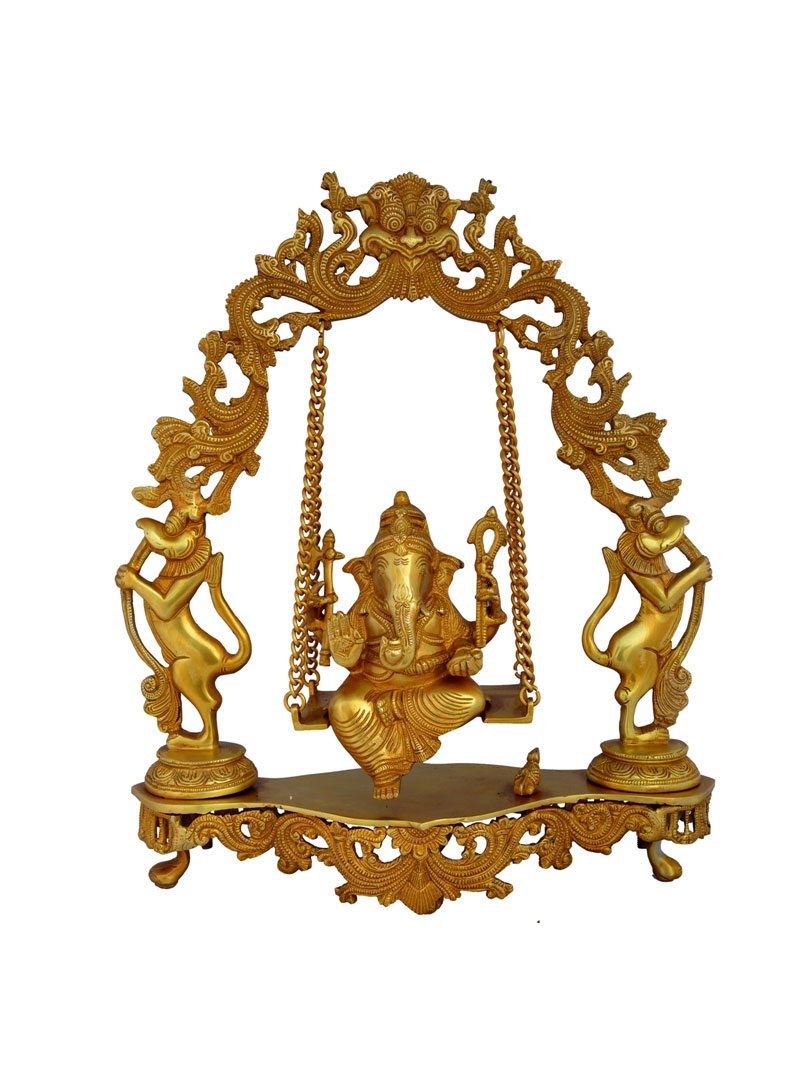 Aakrati Ganesh Sitting On Carved Swing Having Yali Face Brass Statue Yellow