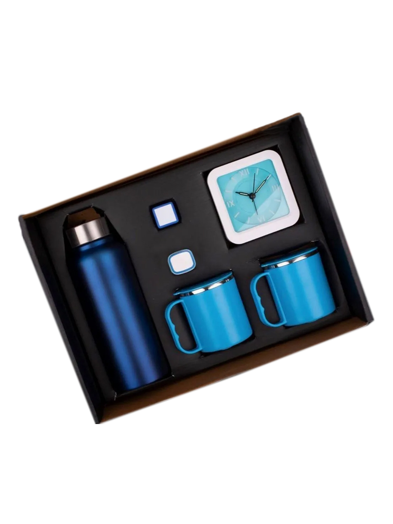 6 in 1 set: Steel Water bottle (750ml), Silicon mobile stand, Glowing Car charger, Glow Clock, Two Stainless steel mugs