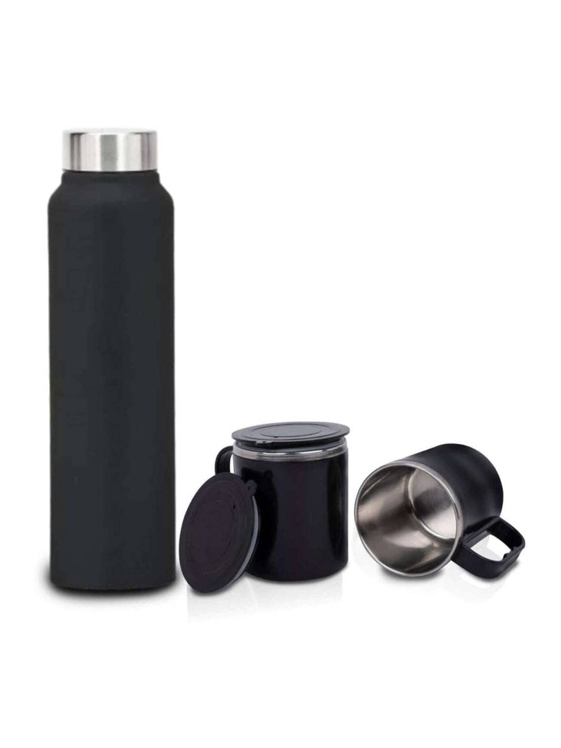 Set of Black Stainless Steel Bottle with 2 Stainless steel cups in Gift box | Bottle capacity 1L approx