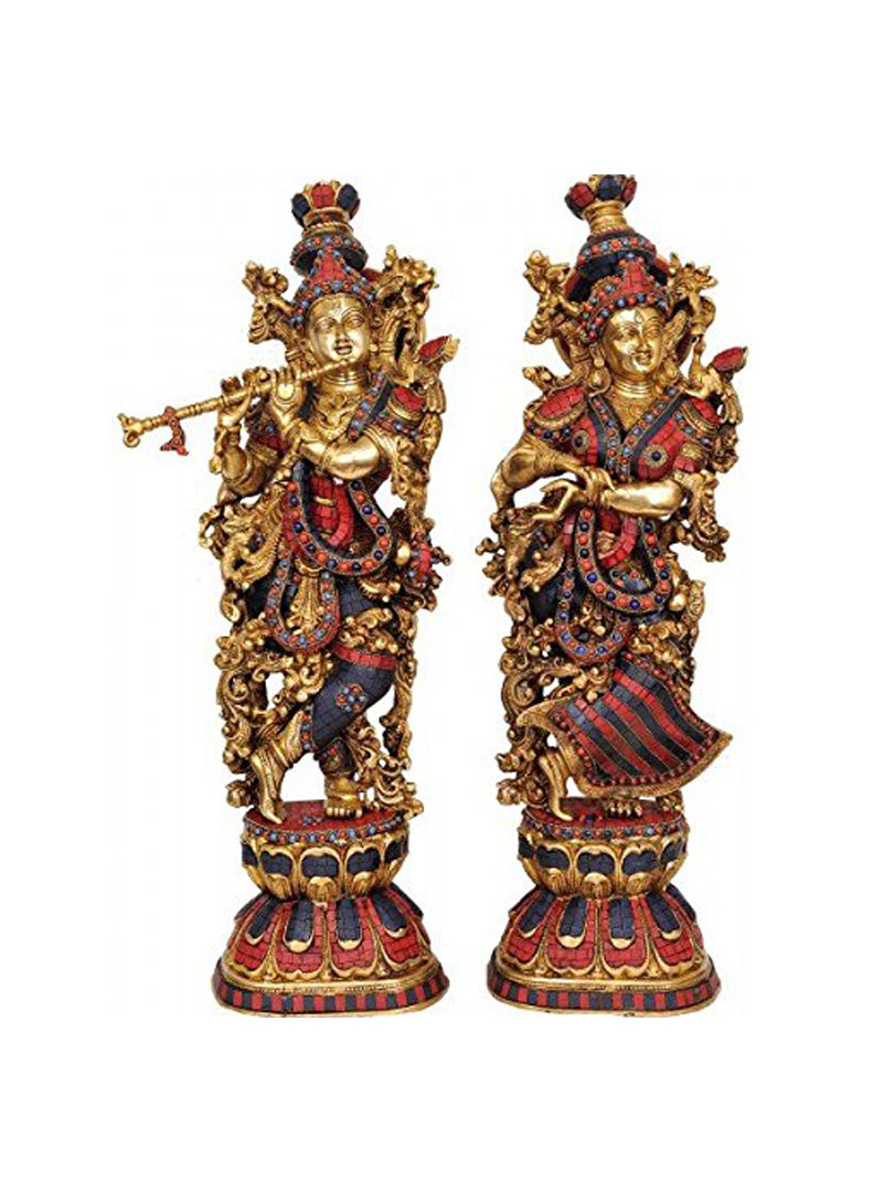 Aakrati Radha Krishna Statue Made in Brass - Hindu God Religious Figurine Idol Turquoise Handwork Big Murti