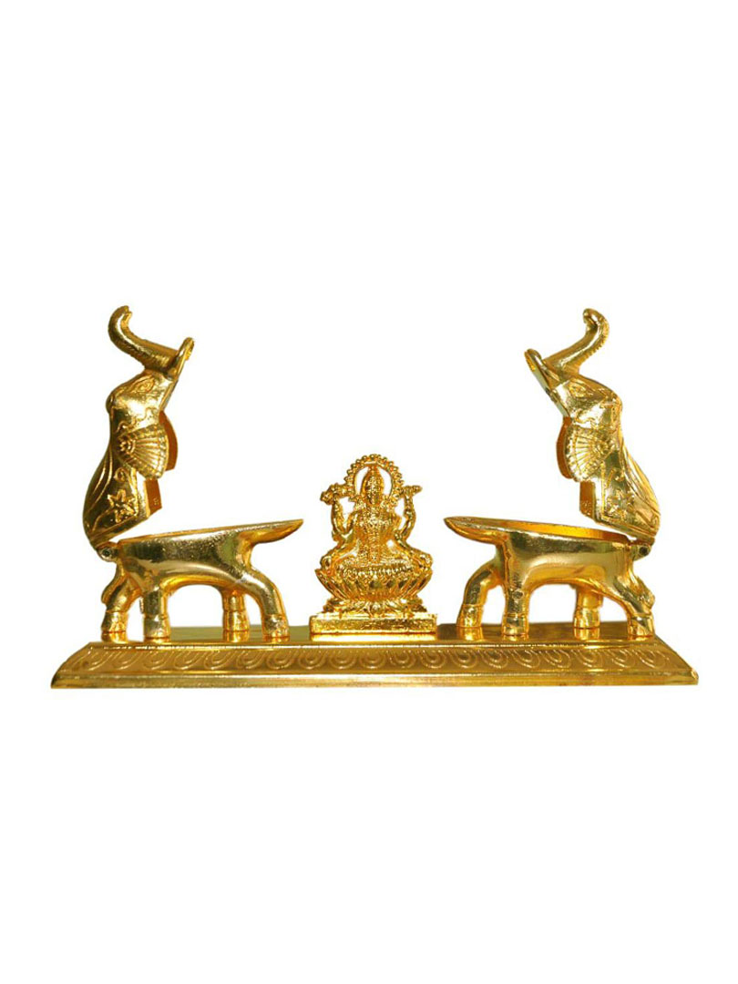 Gold Metal Haldi KumKum Holder with Elephant Figurine With Laxmi Yantra by Aakrati